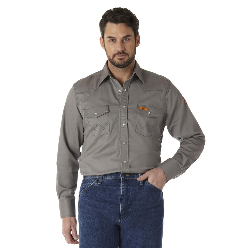 Wrangler FR Flame Resistant Long Sleeve Twill Solid Snap Shirt, FR127, Charcoal